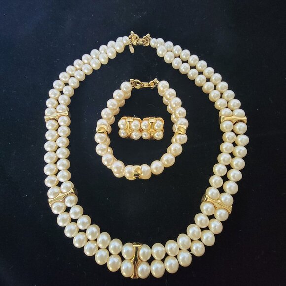 Napier Jewelry - Vintage Napier Gold-Toned Faux Pearl Double Strand Necklace Bracelet Earring Set
